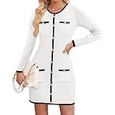 ZESICA Fall Dresses for Women 2026 Long Sleeve Button Color Block Knit Bodycon Short Sweater Dresses with Pockets