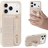 Hanman for iPhone 17 Pro Leather Case with Adjustable Wristband Strap Kickstand,Hand Strap Leather Case for iPhone 17 Pro,Crocodile Pattern HandStrap Kickstand Cover-Beige