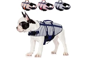 MORVIGIVE Striped Dog Life Jacket, Ripstop Dog Life Vest Preserver for Boating & Swimming with Rescue Handle, Reflective Puppy Float Coat Pet Swimsuit with Adjustable Straps and Side-Release Buckles