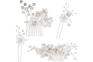 FRIUSATE 4 Pcs Wedding Hair Clip Comb Handmade Bridal Hair Pins Clips Wedding Bridal Hair Accessories Clip Pearl Floral Leaf Hair Piece for Wedding Bride Accessories for Women Wedding