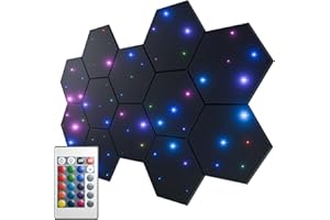 SonicLight 12 Pack Wall Panels for Interior Wall Decor, 12" X 10" X 0.4" 3D Wall Panels Peel and Stick with Fiber Optic Starlight, Stylish Accent Wall Panels for Home Studio Decoration-Black