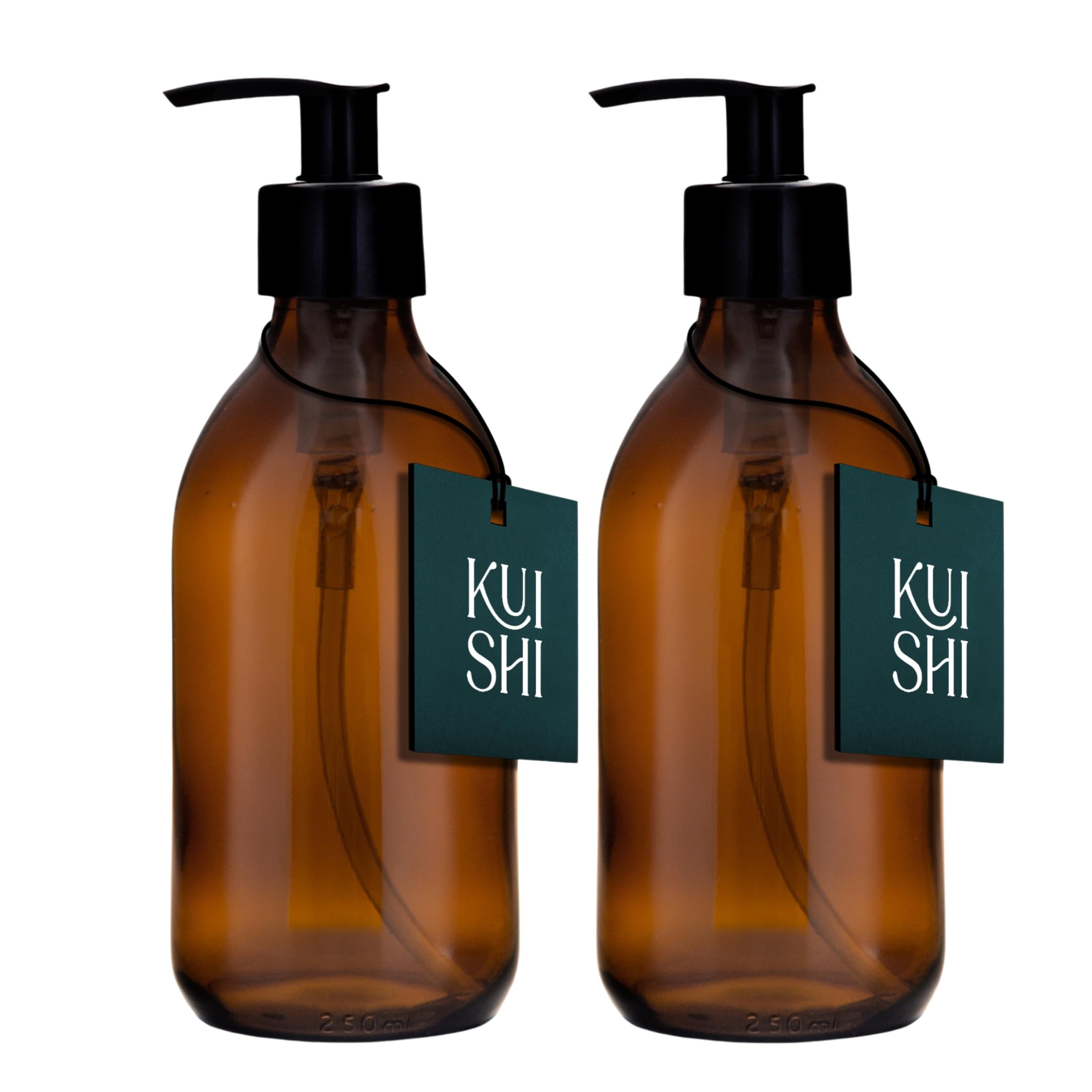 Kuishi 250ml Glass Soap Dispenser with Black Plastic Pump - Pack of 2 Refillable BPA-Free Hand Soap Dispenser for Kitchen & Bathroom, Amber