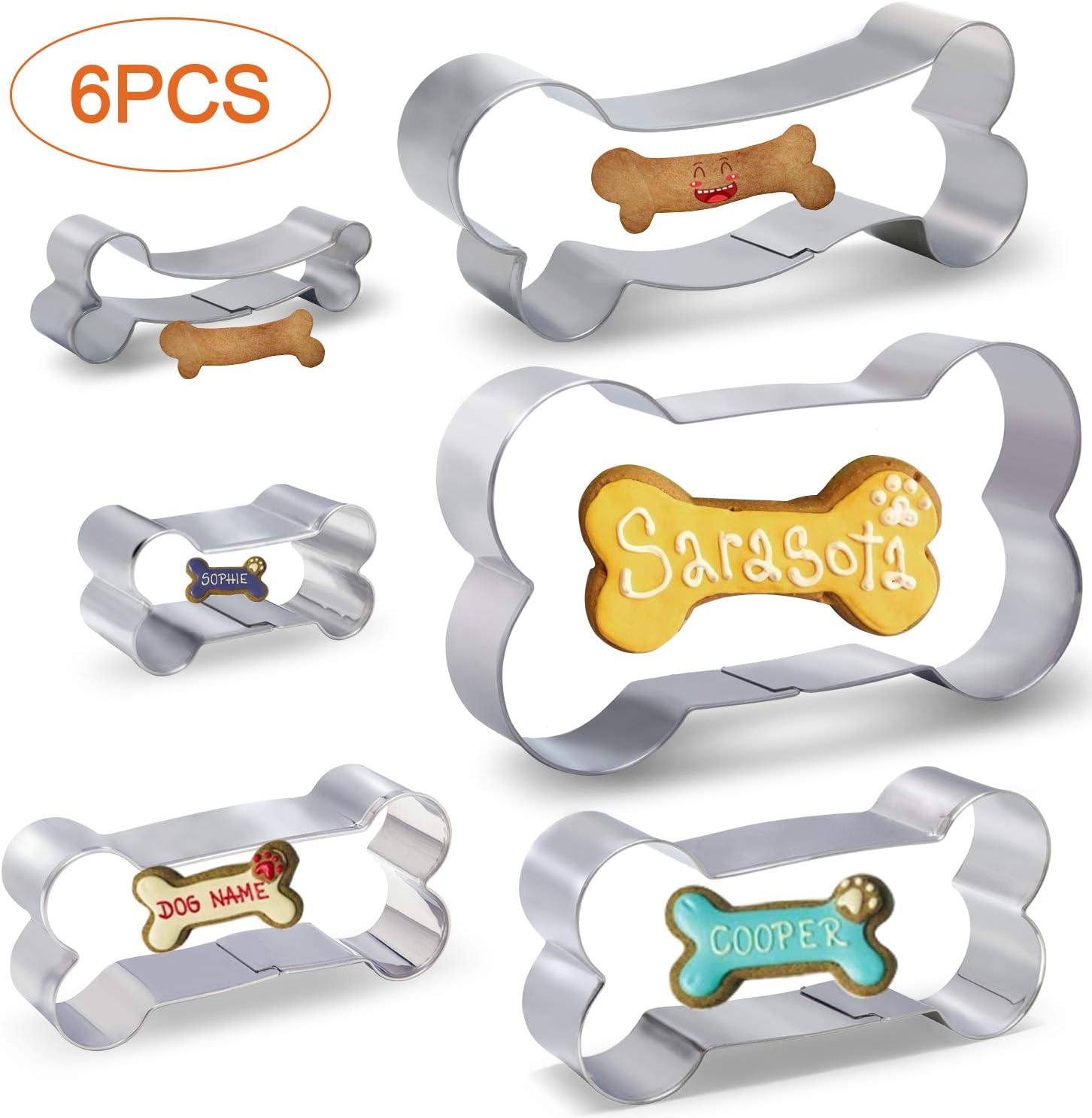 6 Pieces Dog Bone Cookie Cutters Set, Dog Cookie Cutter 5", 4", 3.5", 2", 4.8", 3" Bone Shape Cookie Cutters Stainless Steel Biscuit Mold for Homemade Dog Treats, Sandwiches, Fondant