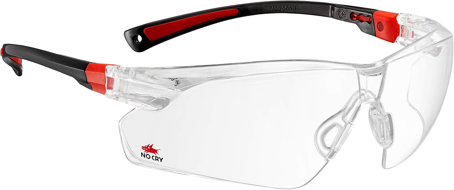 NoCry Safety Glasses with Clear Anti Fog Scratch Resistant Wrap-Around Lenses and Non-Slip Grips, UV Protection. Adjustable, Black & Red Frames - - 