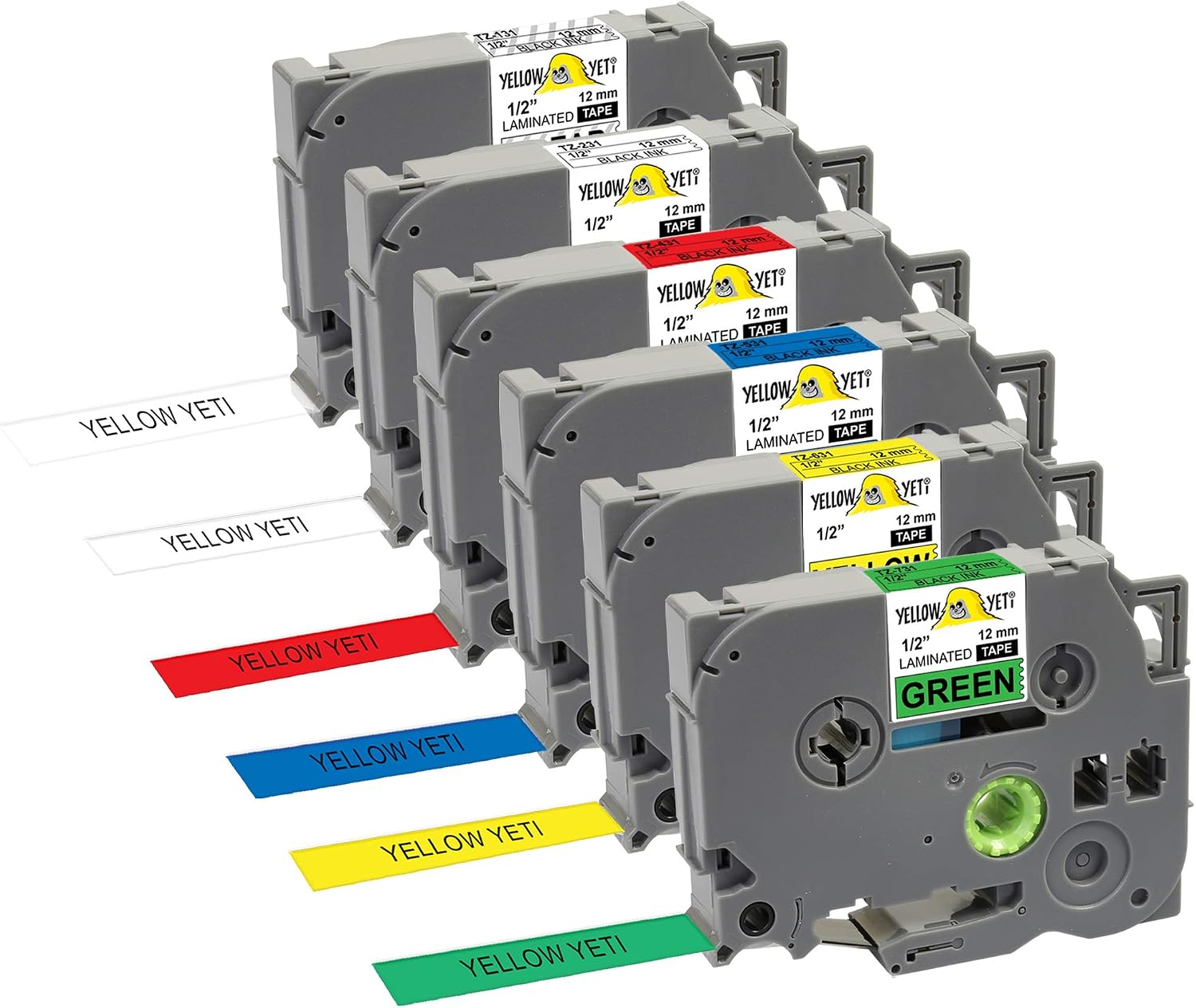 Yellow Yeti 6 Labelling Tape Cassettes TZe-131 TZe-231 TZe-431 TZe-531 TZe-631 TZe-731 12mm x 8m Black for Brother P Touch PT-H110 H105 H101C e110 1005 Label Maker (Clear White Red Blue Yellow Green)