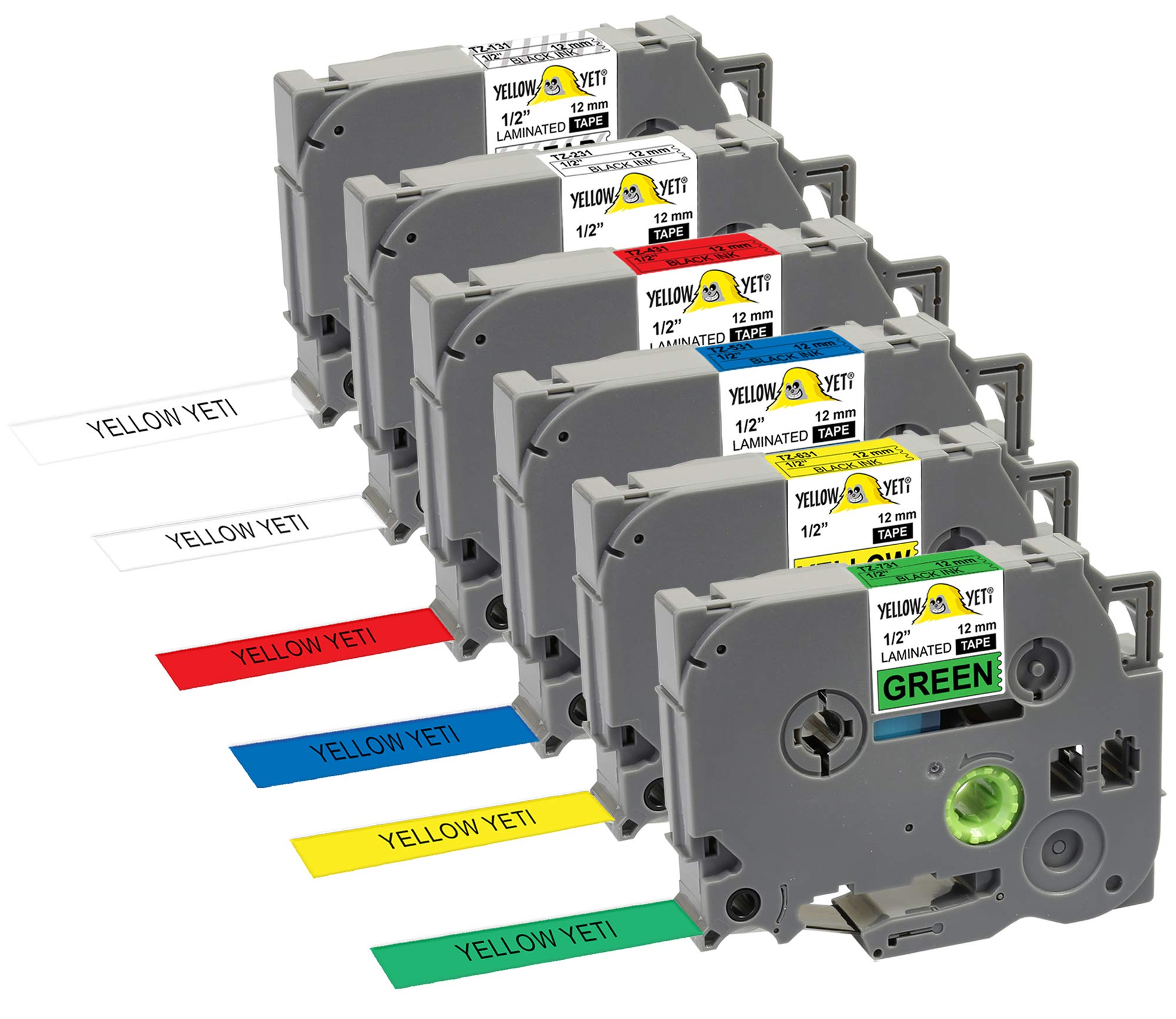 Yellow Yeti 6 Labelling Tape Cassettes TZe-131 TZe-231 TZe-431 TZe-531 TZe-631 TZe-731 12mm x 8m Black for Brother P Touch PT-H110 H105 H101C e110 1005 Label Maker (Clear White Red Blue Yellow Green)