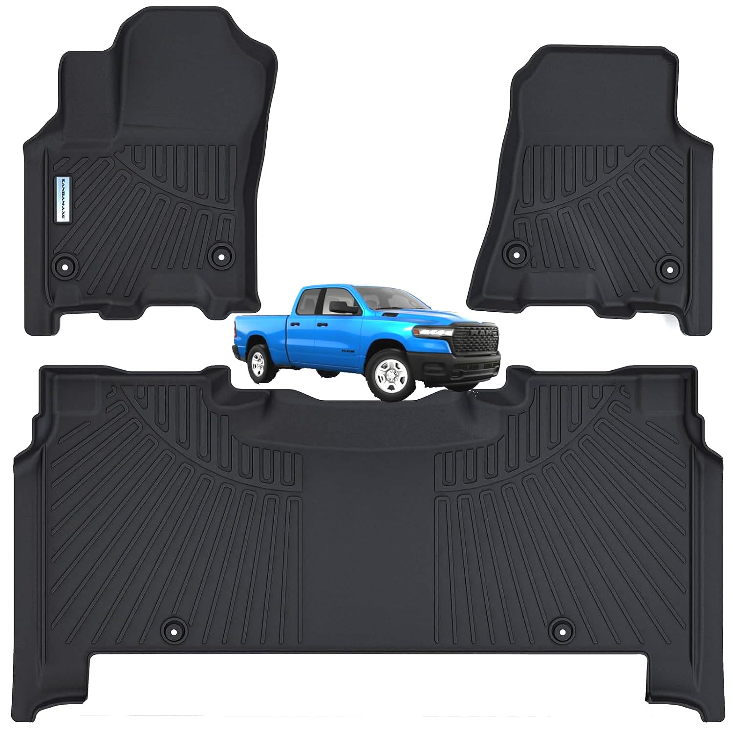 SANBAN Floor Liners for 2025 Dodge Ram 1500 Crew Cab（Rear with Under-Seat Factory Storage）,TPE All Weather Protection 2 Rows Car Floor Mats. Image