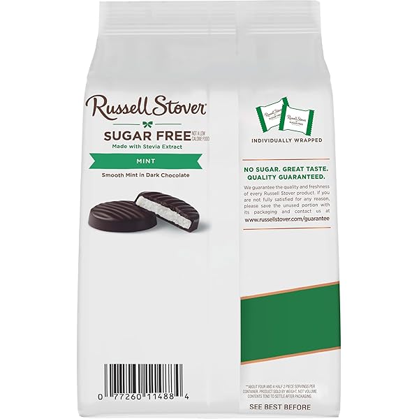 RUSSELL STOVER SUGAR FREE DARK CHOCOLATE MINT PATTIES CANDY, 4.5 OZ. BAG