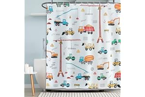 Moslovstar Kids Cartoon Building Shower Curtain for Boys Teens Bathroom, Excavator Crane Forklift Trucks Building Work Bath Curtain, 72" W x72 L
