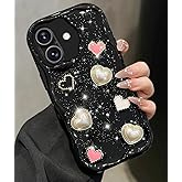 Toycamp for iPhone 16 Plus Case Cute - Women Girly Girls Glitter Phone Cover 16Plus Kawaii Sparkle Bling Shine Aesthetic Pretty Unique Wave Design Funda for Apple 16 Plus, Black Heart