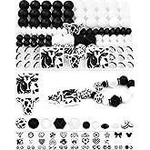 102PCS FIVEIZERO Black & White Focal Silicone Beads for Keychain Making – Cow, Round, Lentil, Hexagon & Rhinestone Spacer Beads for Pens, Bracelets & DIY Crafts (Cow Style)