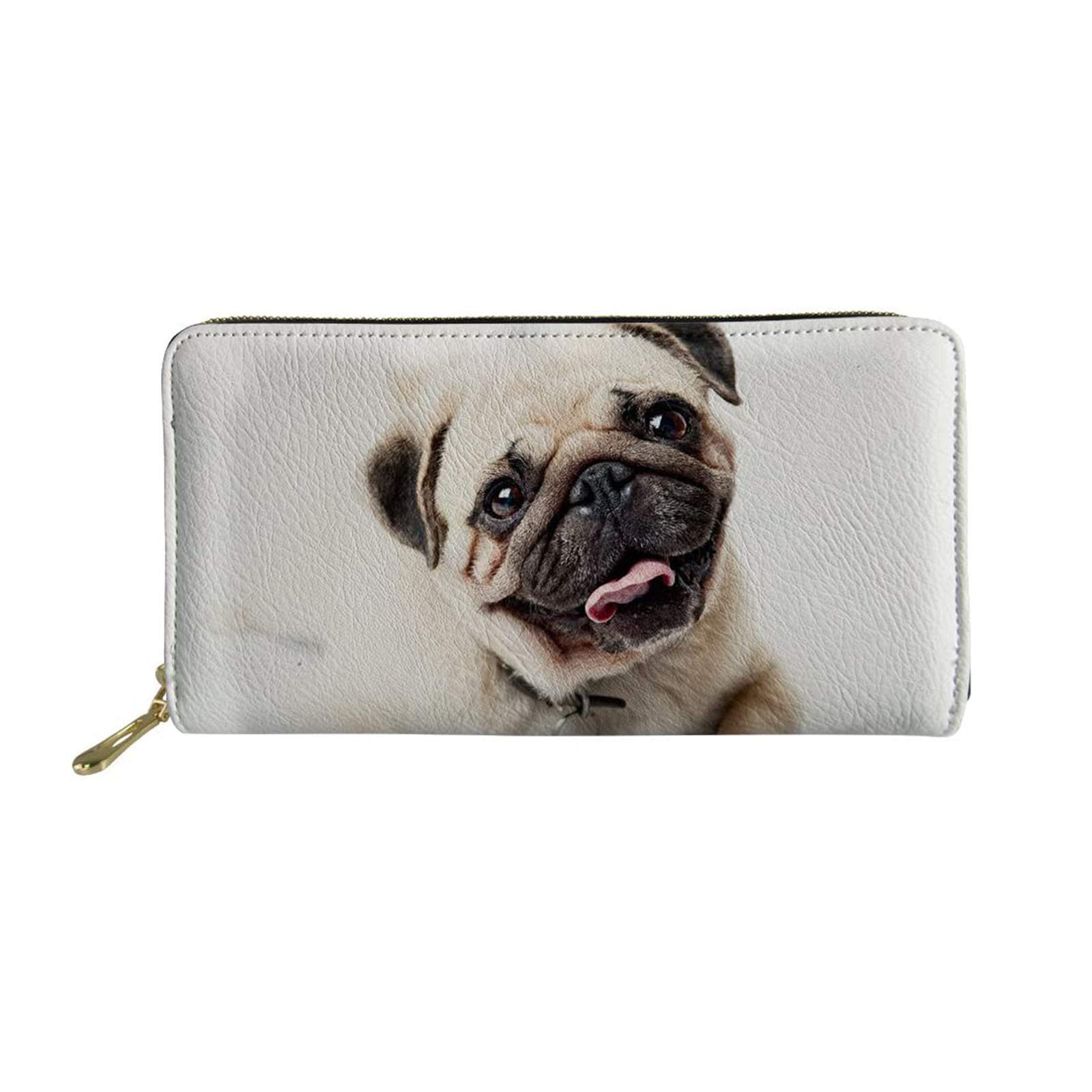 SEANATIVE Leather Wallets Pug Dog Design Women Girls Clutch Handbag with Card Slots Perfect for Gift Zipper Around