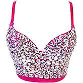 VEENDEO Women's Bustier Crop Top Corset Top Push up Rhinestone Diamond Bra Club Party Vest with Detachable Straps