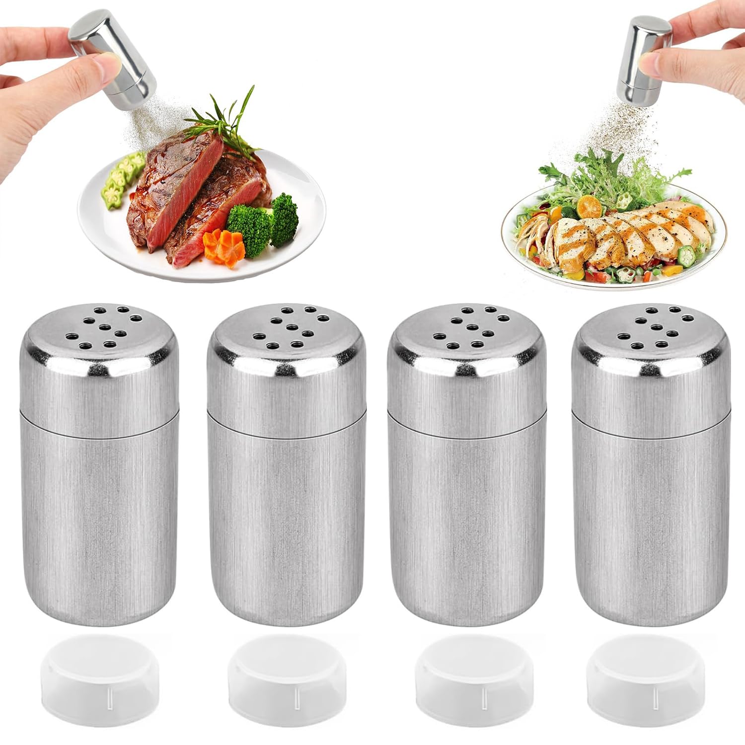 Esshogo Set of 4 Mini Salt Shakers, Salt and Pepper Shakers, Small Mini Salt and Pepper Shakers, Stainless Steel Salt Shakers, Salt Shaker and Pepper Shaker Set for Various Spices for Travel, Camping