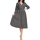LUXEBOLD Women's Long Sleeve V Neck Maxi Dress Striped Casual Flowy A-line Mid Dress Elastic Waist Long Dresses with Pockets