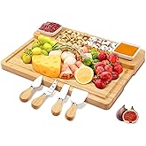 Charcuterie Boards Set, Cheese Board and Knife Set with 2 Ceramic Bowls, Bamboo Cheese Tray Serving Board - Unique, Wedding, Housewarming, Birthday Gifts