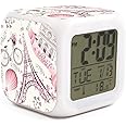 XUWU Romantic Paris Eiffel Tower Alarm Clock for Kids Boy Girl 7 LED Color Changing Wake Up Clock Home Decor Bedroom Digital with Temperature Display