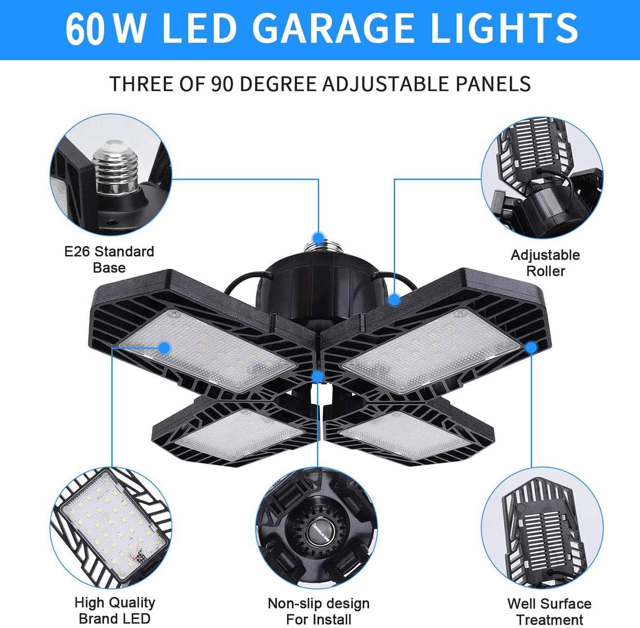 LED Garage Lights, 2 Pack 60W E26 Screw in 6000LM Deformable Led Garage Lights 6500K, 110V LED Basement Lights Tribright Led Adjustable Light Full Area for Garage Warehouse Workshop Shop (2-Pack) - - 
