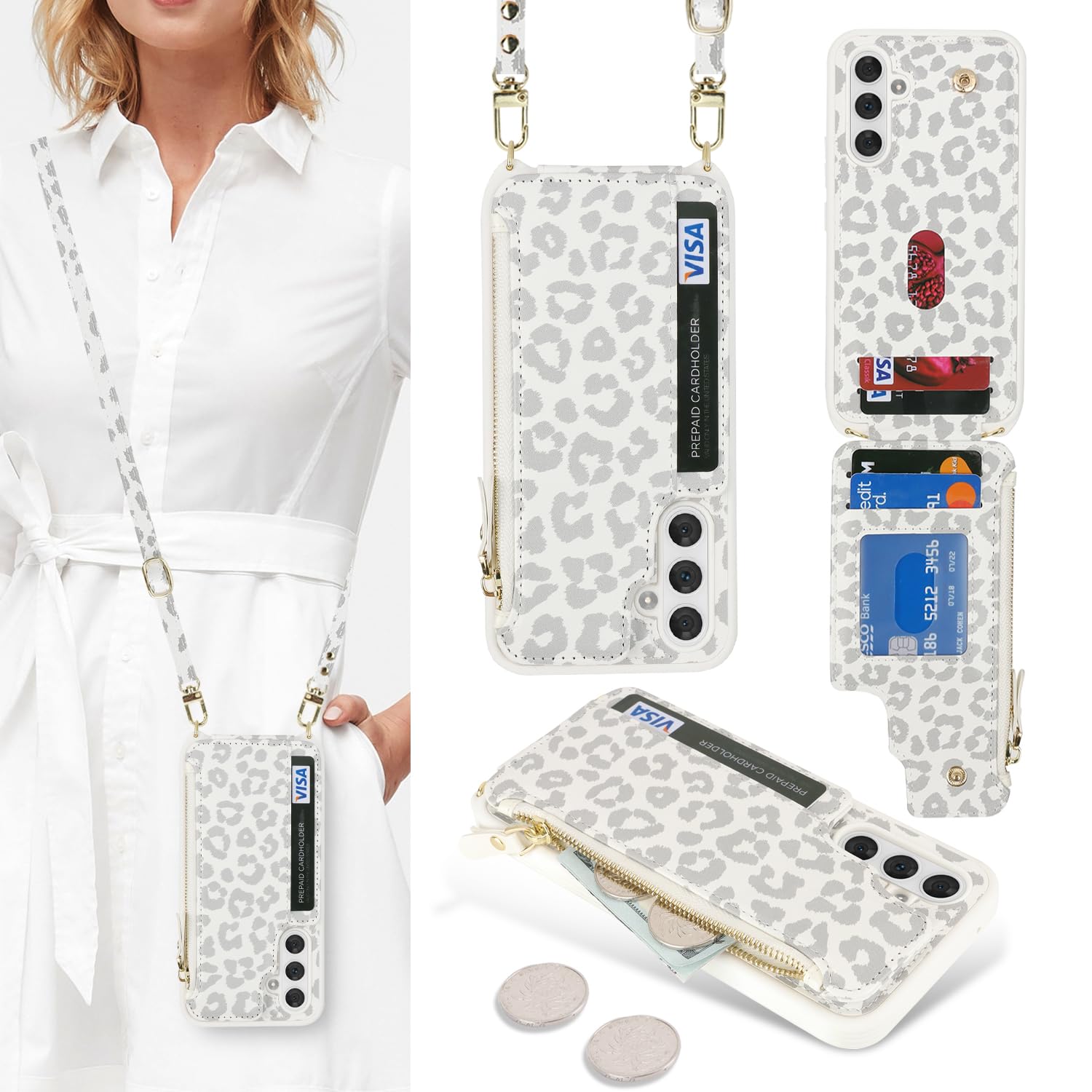 Photo 1 of Cavor for Samsung Galaxy A54 5G Case Wallet for Women, Phone Case Galaxy A54 5G Crossbody Case with Strap,Leather Zipper Pocket Card Holder Phone Cover-Leopard White