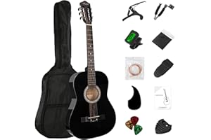 BESYOU 38in Beginner Guitar Acoustic Guitar Basic Starter Kit Tuner Capo Strings Winders Strap Picks Student Kids Adults Guitar Pickguard with Gig Bag