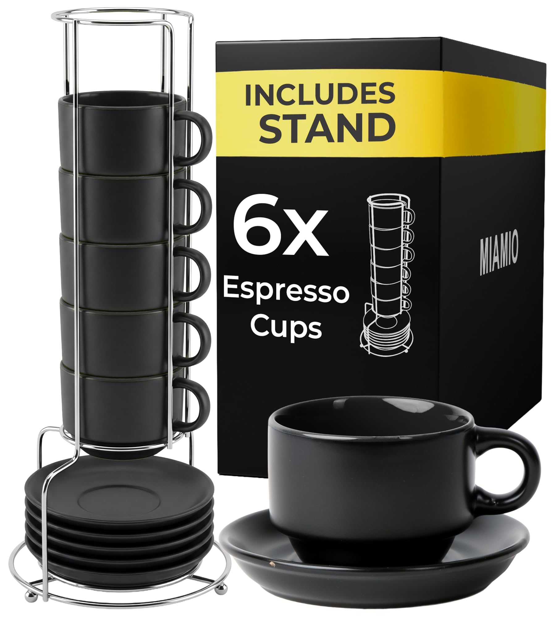 MIAMIO - 75 ml Espresso Cup Set with Saucers Coffee Mug Set of 6 - Ceramic Coffee Mug Stackable Espresso Mug with Stand for Coffee Drinks, Latte, Cafe Mocha - Le Papillon Collection (Black) — image 1