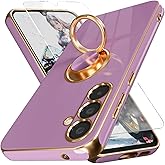for Samsung Galaxy S23 FE Case,+Screen Protector,with Magnetic Kickstand,Built-in 360° Rotation Ring Holder,Plating Gold Edge