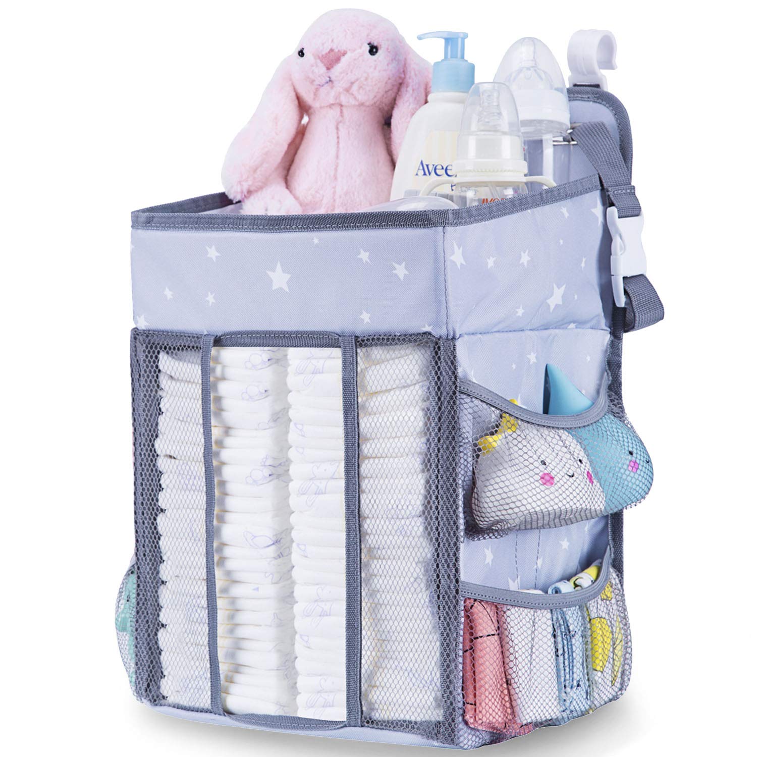Baby Diaper Caddy Organiser -Large Nappy Stacker Hanging Nursery Storage for Changing Table, Crib, Playard or Wall |Baby Shower Gifts for Newborn Light Grey