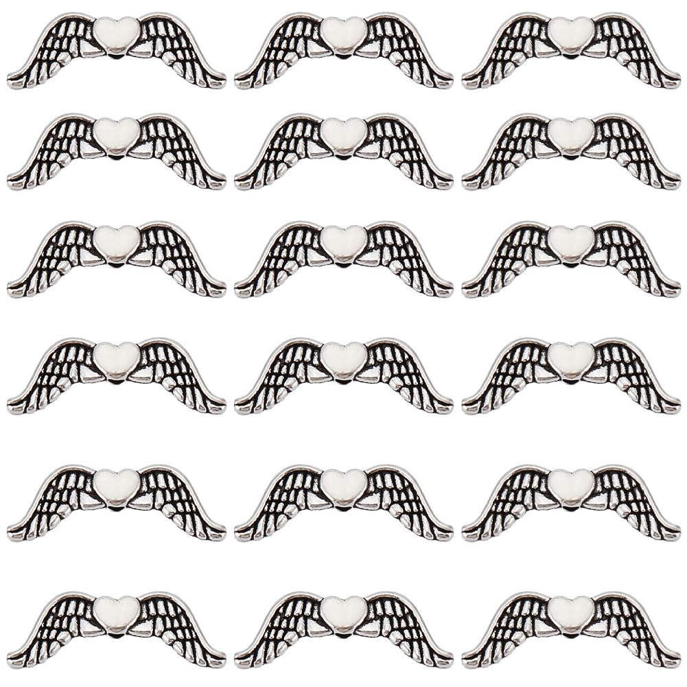 SUNNYCLUE 120PCS Silver Angel Wing Beads Tibetan Style Alloy Small Wings Heart Fairy Loose Spacer Beads Bulk for Jewellery Making Beading Kit Bracelets Diy Craft Supplies