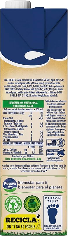 - Leche Puleva con Fibra de Achicoria y Avena, Bebida Láctea, Favorece el Tránsito Intestinal y Digestión, Calcio y Vitaminas, 50% Fibra Diaria por Vaso, Pack 6 x 1 Litro