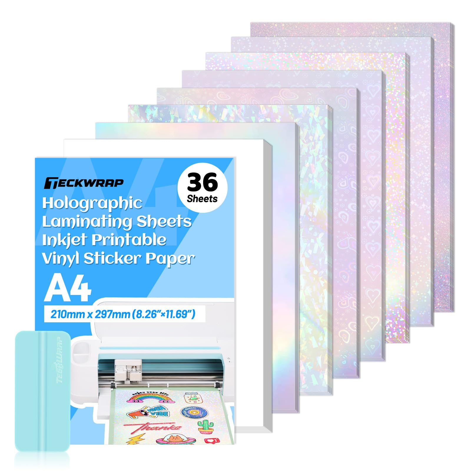 TECKWRAP Holographic Sticker Paper Clear Overlay Lamination Vinyl Matte White Inkjet Printable Vinyl A4 210mm x 297mm 36 Sheets/Pack Laminate Sticker Film for Craft, Scrapbooking, Craft Cutters