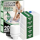 Vacuum Storage Bags,20Pack Vacuum Seal Bags with Electric Air Pump,Vacuumm Seal Bag for Clothing,Travel,Clothes,Comforters,Blankets,Pillows-4 Jumbo+4 Large+4 Medium+4 Small+4 Roll Up Space Saving Bag