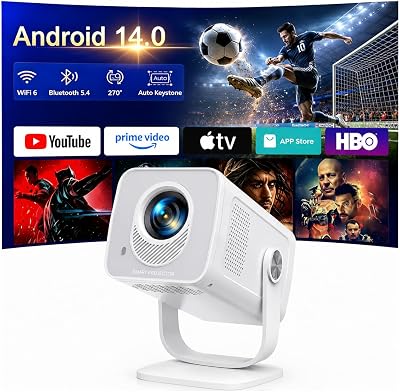 Proyector Portátil【Android 14.0 & App Integrada】 Proyector 4K/1080P Soporte Tiro Corto, Auto Keystone, WiFi 6 Bluetooth 5.4, TOPTRO MiniProyector Rotación 270° con Soporte Incluido para Cine en Casa
