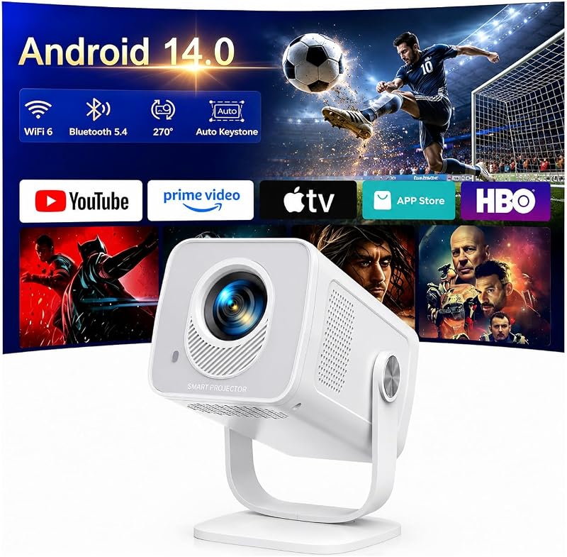 Proyector Portátil【Android 14.0 & App Integrada】 Proyector 4K/1080P Soporte Tiro Corto, Auto Keystone, WiFi 6 Bluetooth 5.4, TOPTRO MiniProyector Rotación 270° con Soporte Incluido para Cine en Casa