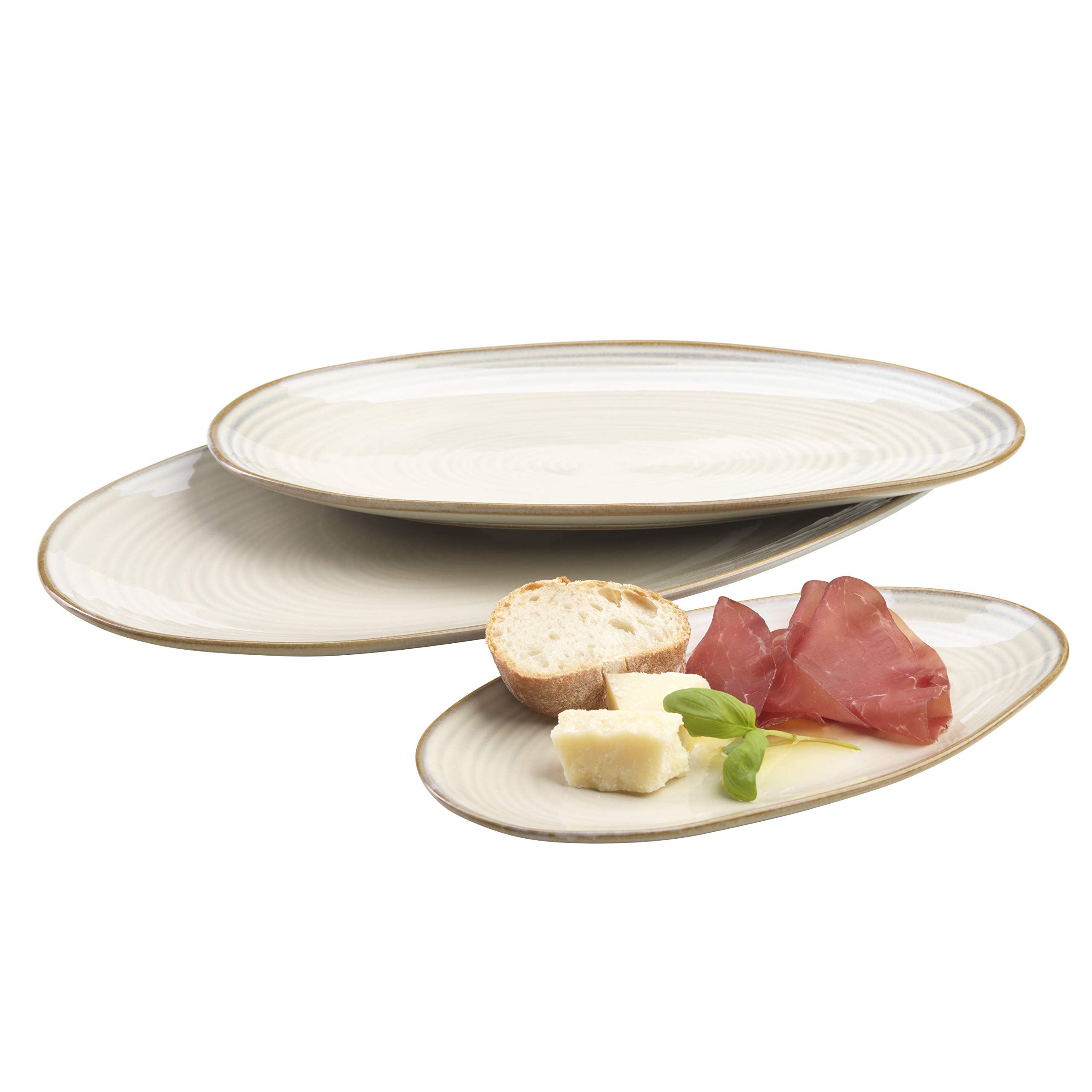 MÄSER 931372 Series Nottingham Set of 3 Vintage Style Serving Platters in 3 Sizes Beige Stoneware 28 x 15.5 cm