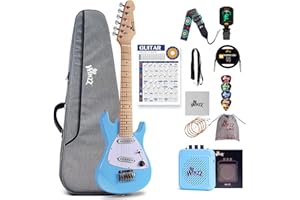 Winzz 30 Inch Kids Electric Guitar Beginner Kit, Junior 1/4 Size Mini Electric Guitar for Children Complete Stater Set with Amp, Gloosy Blue Colour