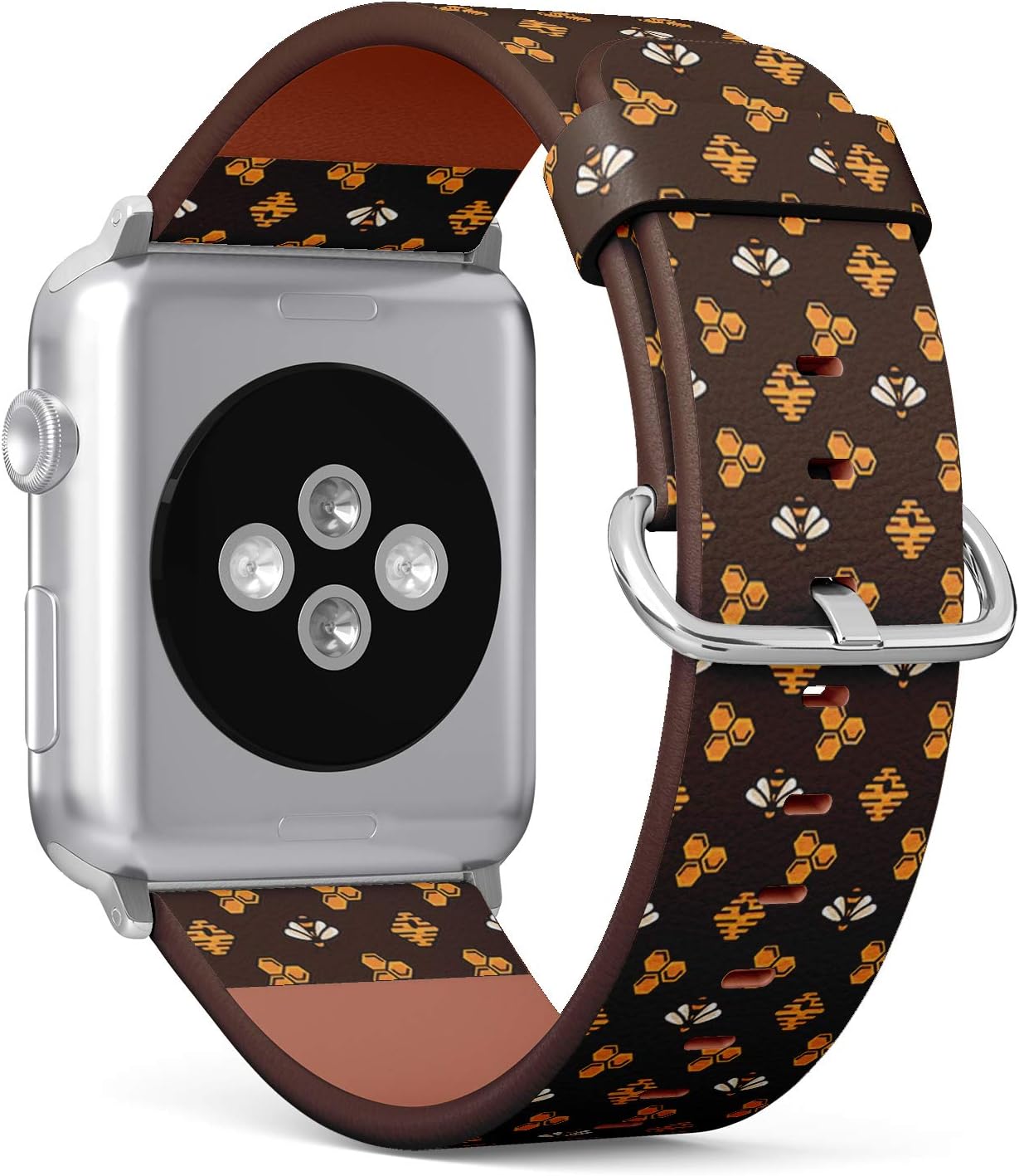 Compatible with Big Apple Watch 42mm & 44mm (Series 5, 4, 3, 2, 1) Leather Watch Wrist Band Strap Bracelet with Stainless Steel Clasp and Adapters (Yellow Bee Hive Honeycomb On)