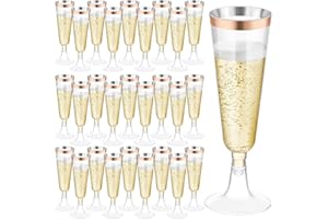 Voittozege 50 Pack Rose Gold Plastic Champagne Flutes,5.5 Oz Clear Disposable Champagne Glasses Glitter,Clear Plastic Champag