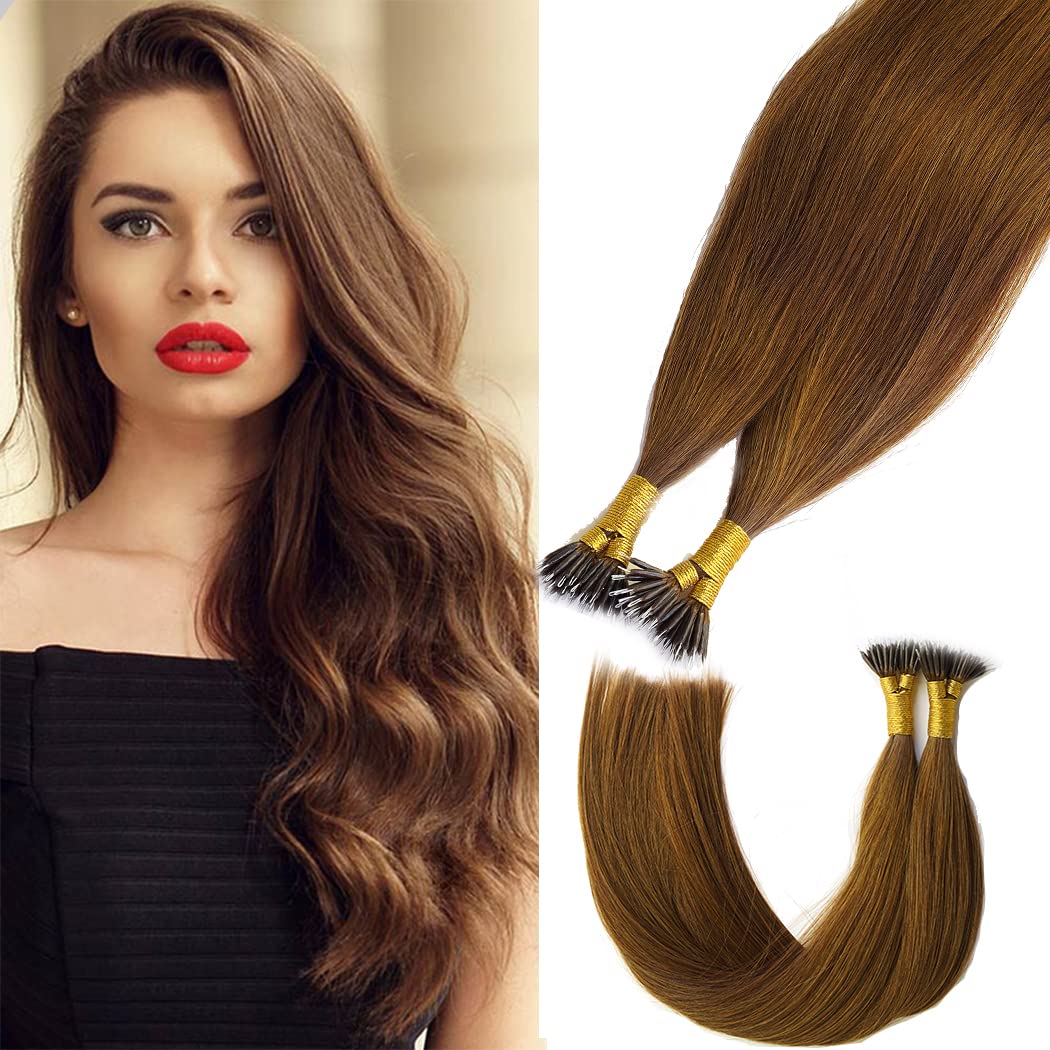 KOCONI 16 Inch Nano Rings Hair Extensions Real Human Hair Extensions Double Drawn Nano Ring Hair Extension Nano Tip Beads Human Hair Extensions 50g 1g/Strand #6 Chestnut Brown — image 1