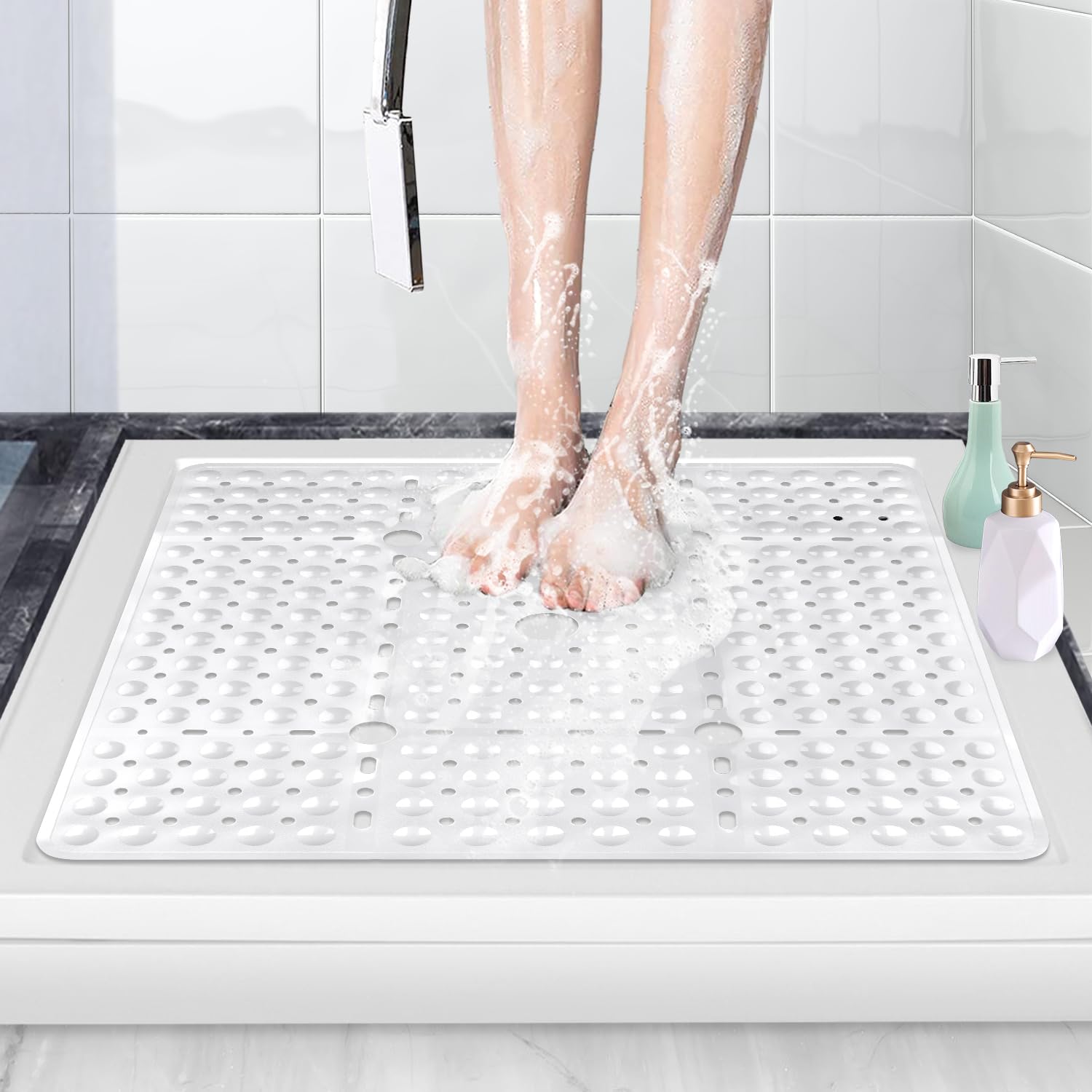 ZOKBOM Square Shower Mat Non Slip 70x70cm | Extra Large Shower Mats for Inside Shower with Suction Cups & Drain Holes | Anti Mould Rubber Bathtub Mats for Bathroom, Machine Washable(White)