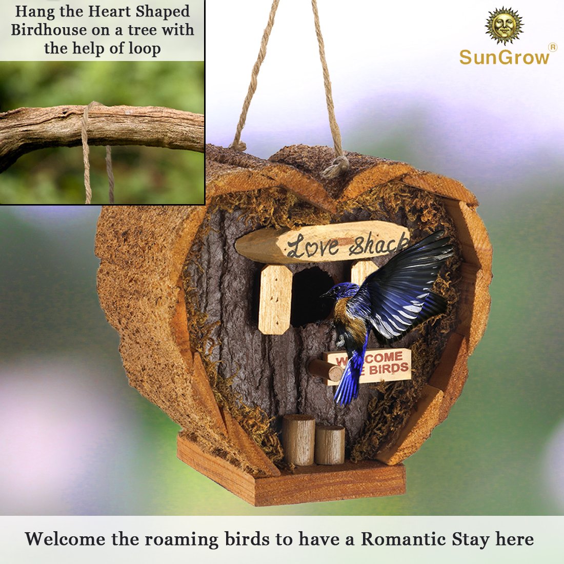 Heart Shaped Birdhouse - Decorative Rough Wood - Little Log Cabin Birdhouse - Perfect Gift for Newlyweds, Engagement , Housewarming , Honeymoon - Love Shack for Love Birds - Wooden Bird Feeder