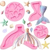 Marine Theme Fondant Molds 4 Pcs, Mermaid Tail Seashell Conch Starfish Baking Chocolate Silicone Molds for Cake Decoration Candy Sugar Cupcake Topper Cake Pop Popsicle Polymer Clay Crafts Fishtail