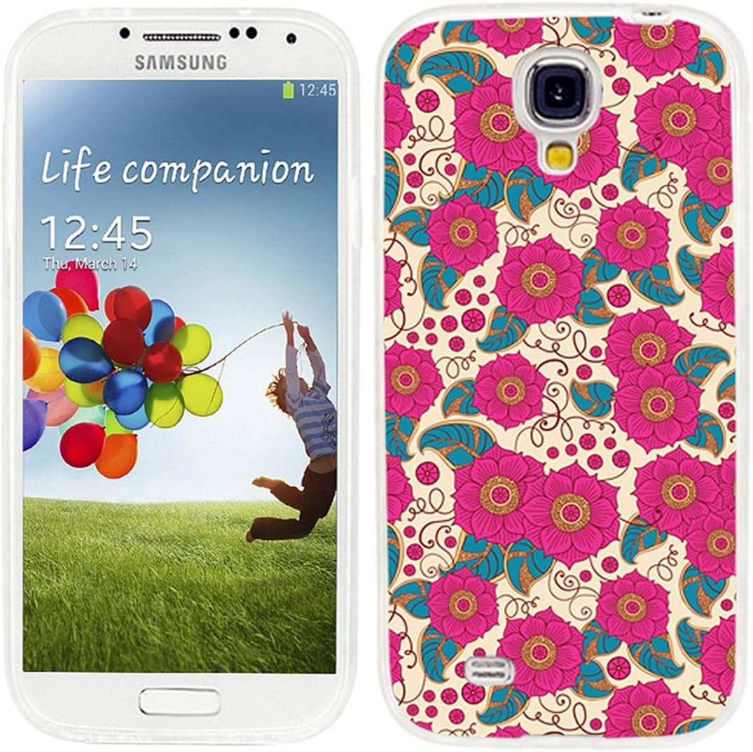 ChiChiC S4 Case,Galaxy S4 Case,360 Full Protective Anti Scratch Slim Flexible Soft TPU Gel Rubber Clear Cases Cover with Design for Samsung Galaxy S4,Pink Flower Teal Leaves on Yellow