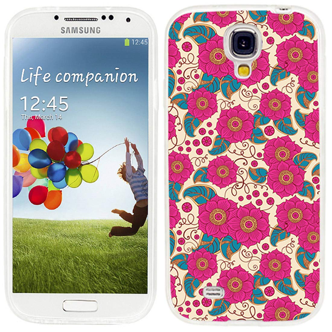 ChiChiC S4 Case,Galaxy S4 Case,360 Full Protective Anti Scratch Slim Flexible Soft TPU Gel Rubber Clear Cases Cover with Design for Samsung Galaxy S4,Pink Flower Teal Leaves on Yellow