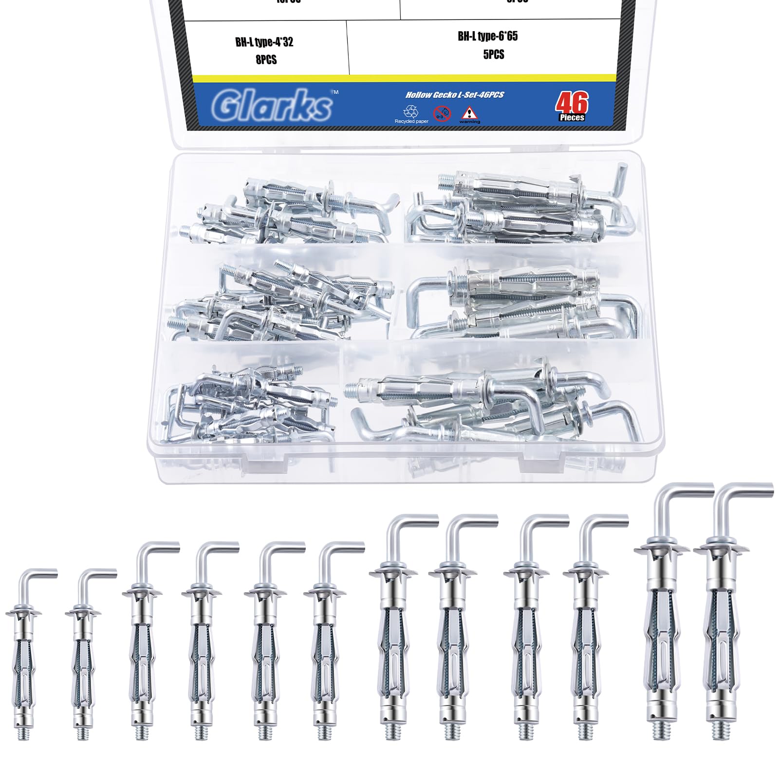 Glarks 46Pcs L-shaped Hollow Wall Anchors Set, 6 Sizes Hollow Door Anchors Expansion Nuts for Hollow Wall Metal Sheet Plastic Sheet