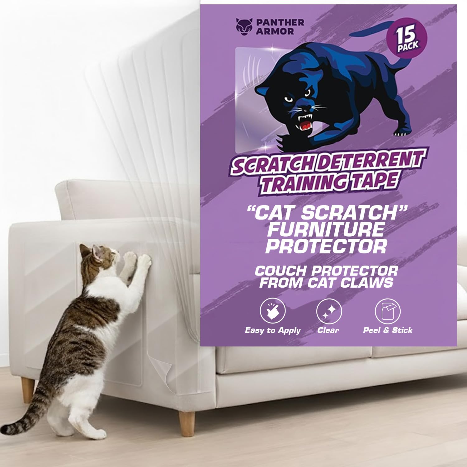 Photo 1 of 15 Pack Cat Scratch Furniture Protector Tape Sheets,Double-Sided Sticky Training (7 XL, 6 Large, 2 Medium), Anti-Scratch Couch & Sofa Guard, Clear, Not for Leather, Velvet, Microfiber