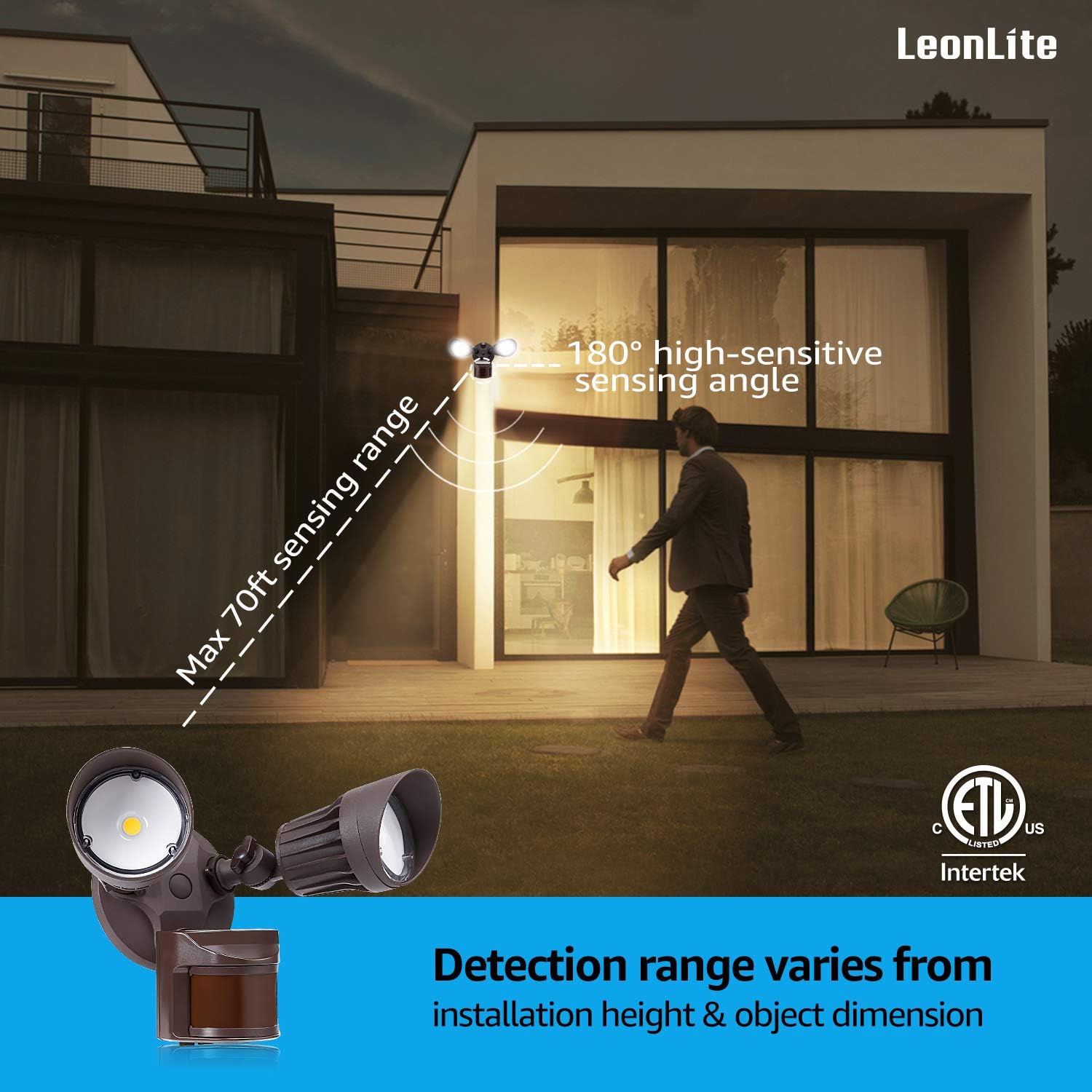 LEONLITE LED Security Lights, Motion Sensor Flood Light Outdoor, 20W(150W Equiv.), Waterproof IP65, 3000K Warm White, ETL Listed, Adjustable 2-Head Outdoor Lighting, Bronze: Home Improvement