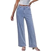 GRAPENT Striped Jeans for Women Trendy High Waisted Wide Leg Dressy Casual Slight Stretch Denim Pants Trouser Jeans