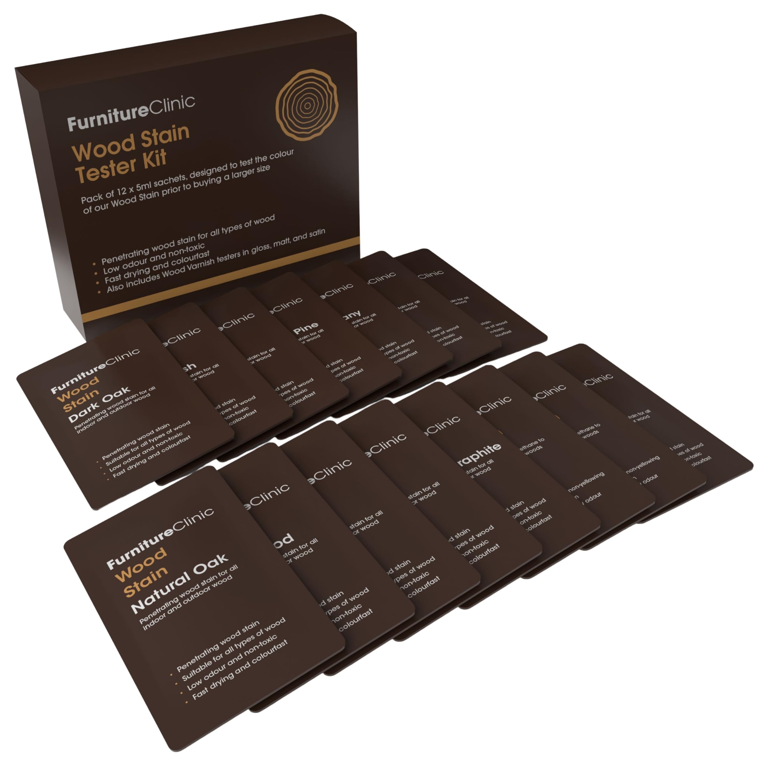Furniture Clinic Wood Stain (Tester Kit) – Fast Drying, Highly Concentrated, and Easy-to-Apply Wood Stain for All Indoor & Outdoor Wood – Water Based & Non-Toxic – 12 Colours – Packaging May Vary