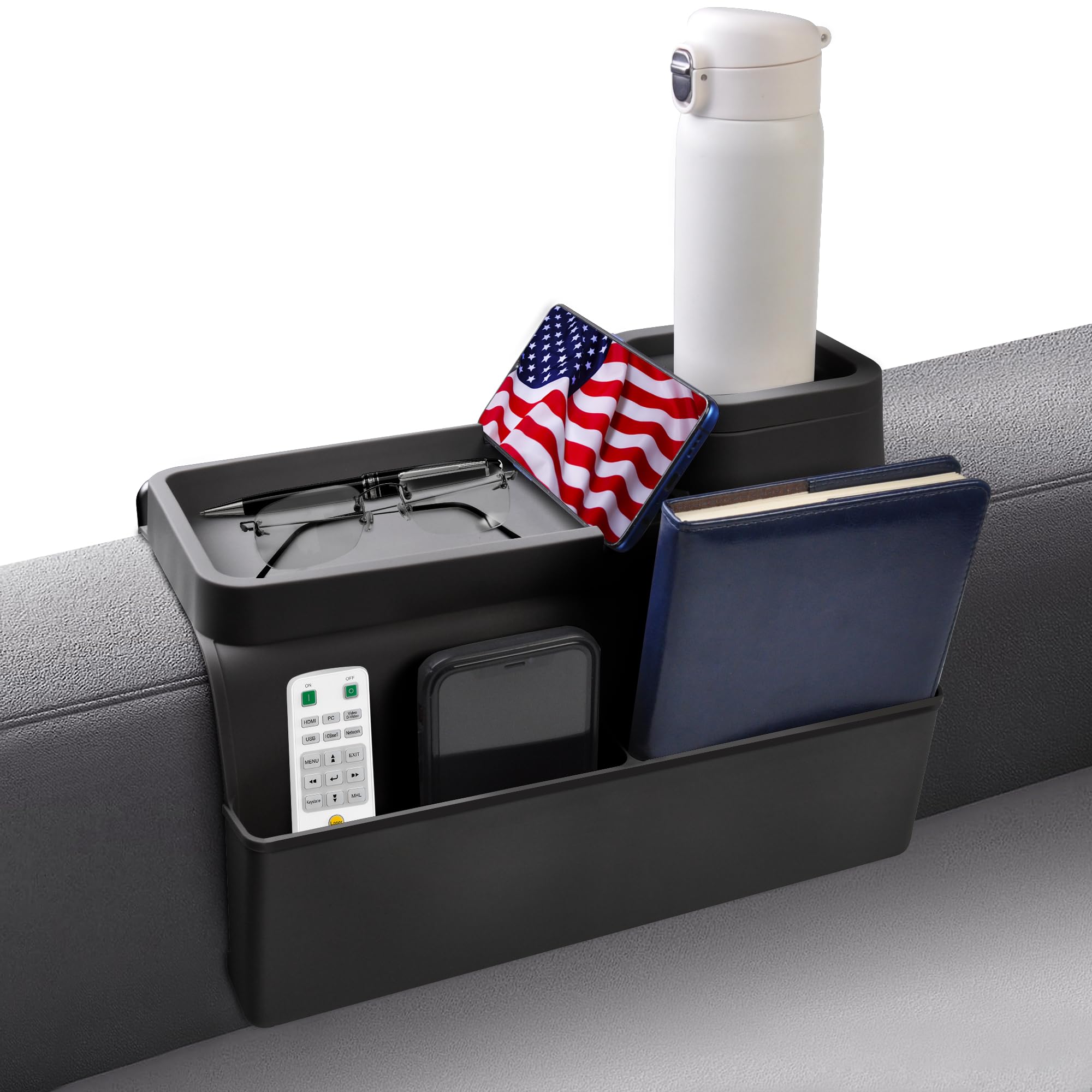 Photo 1 of KindGa Couch Cup Holder Tray,Silicone Couch Arm Cup Holder,Couch Arm Organizer for Sofa Drinks/Phone/Remote/Snacks,Couch Armrest Recliner Armchair Caddy - Black