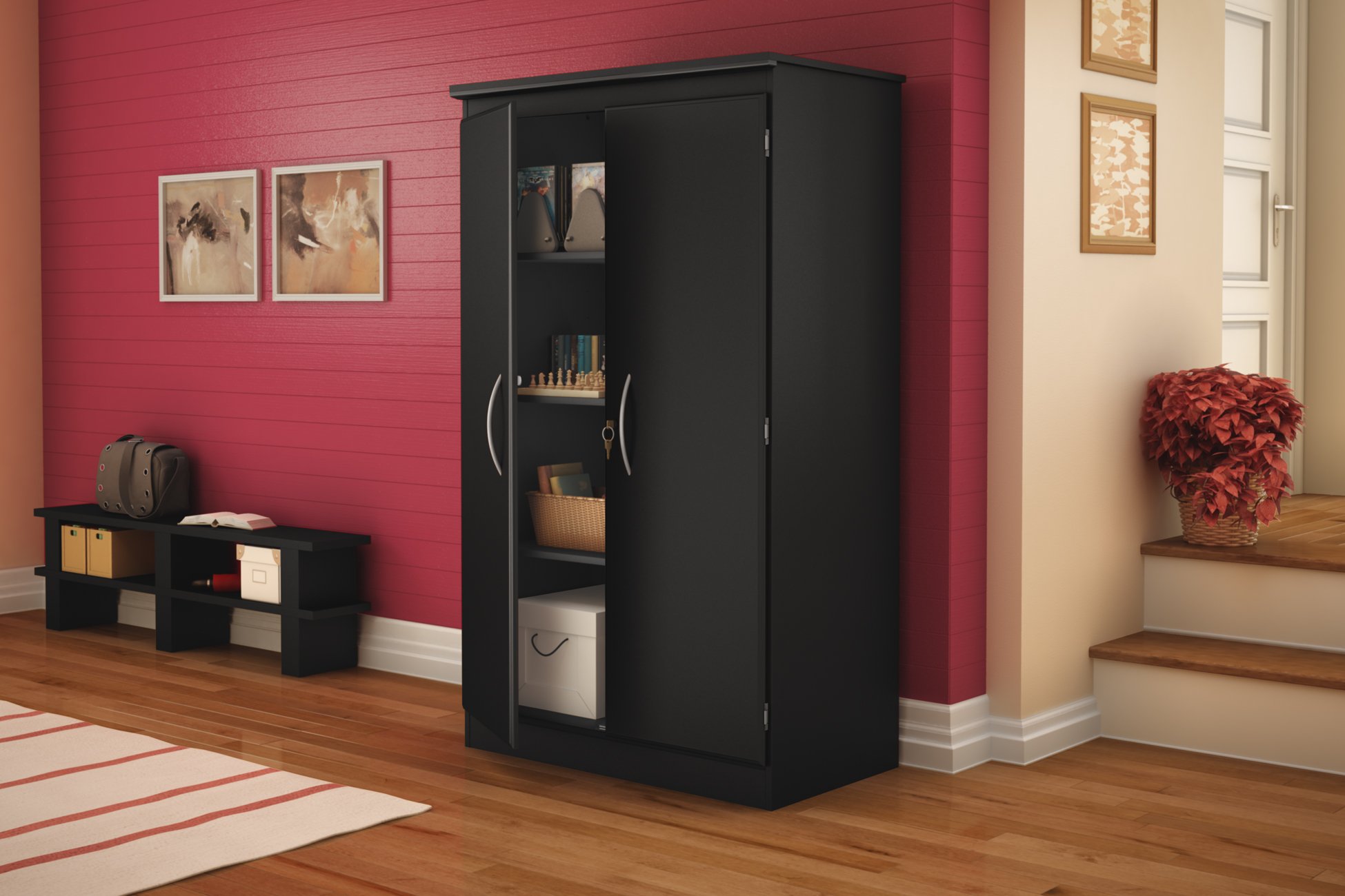 South Shore Tall 2-Door Storage Cabinet with Adjustable Shelves, Solid Black